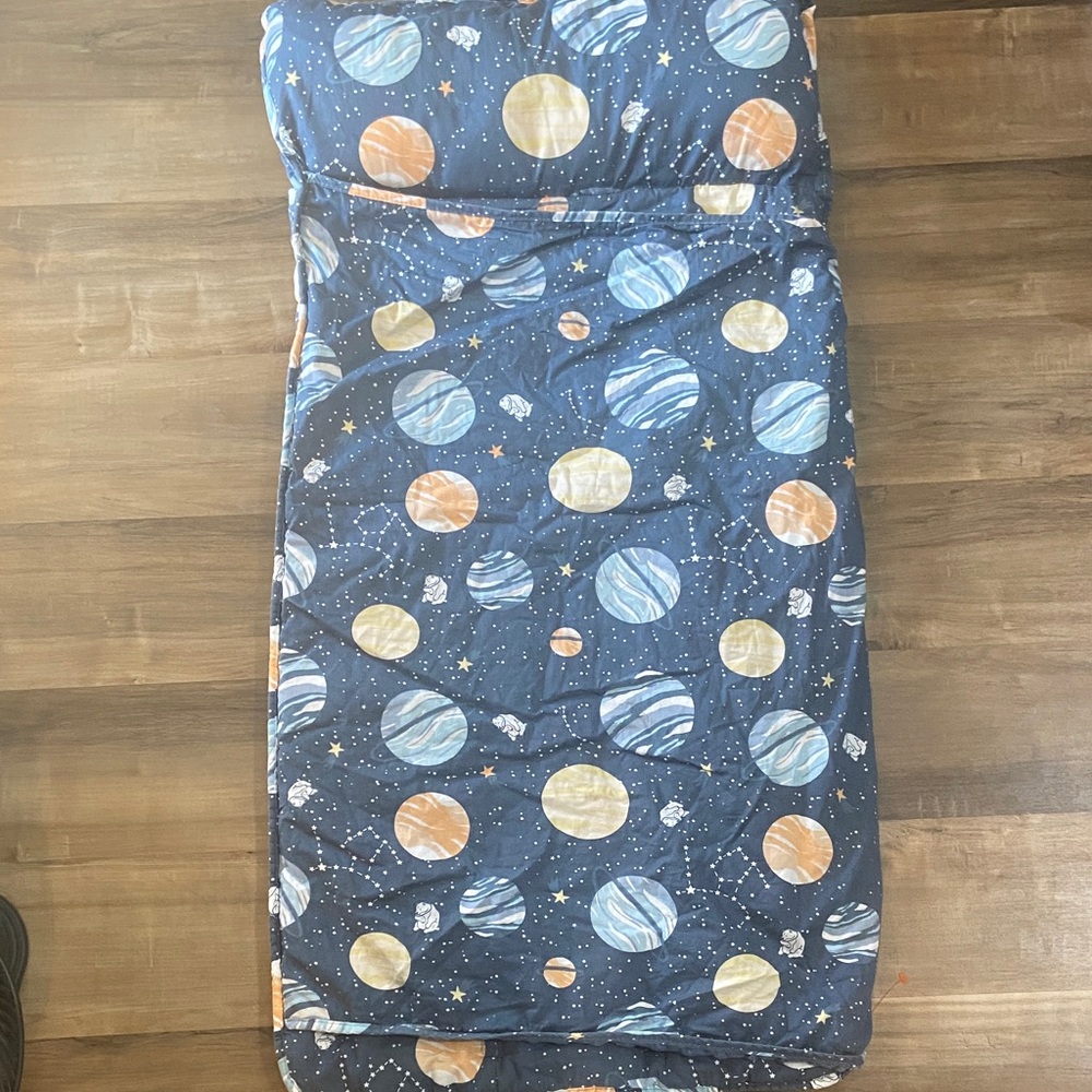 Space Planet Print Kids Sleeping Bag - Navy with Blue & Orange Planets
